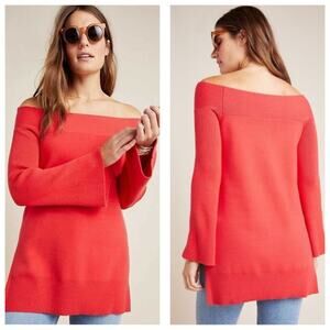 Anthropologie Elise Red Ribbed Tunic Sweater Size Small Off Shoulder Bell Sleeve